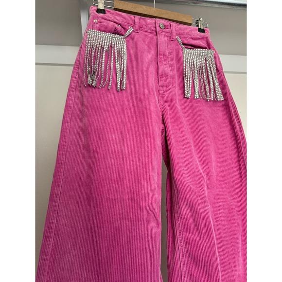 BDG Urban Outfitters Pink Jeans Fringe Rhinestones Diamonds‎ Size 27 Wide-Leg - Picture 4 of 11